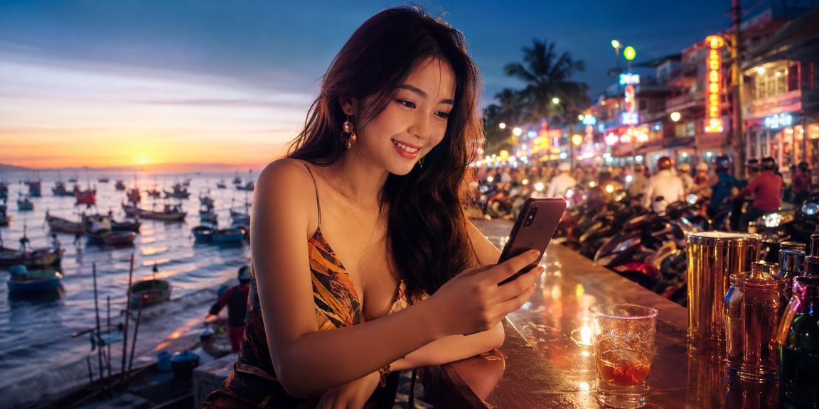 Người dùng Mũi Né xem lịch sự kiện thể thao và đặt cược trên điện thoại tại bãi biển